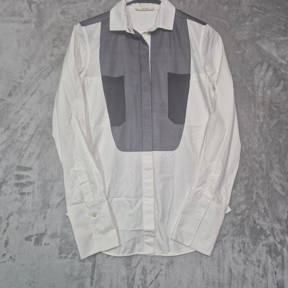 Celine White Grey Silk Contrast Panel Button Down Shirt Phoebe Philo 36